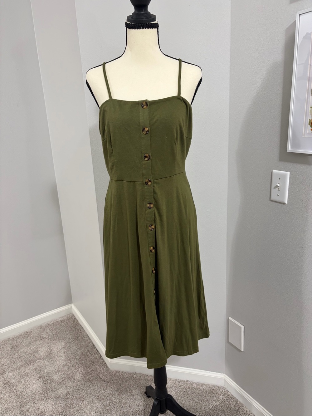Olive Green Midi Button-Front Spaghetti Strap Dress